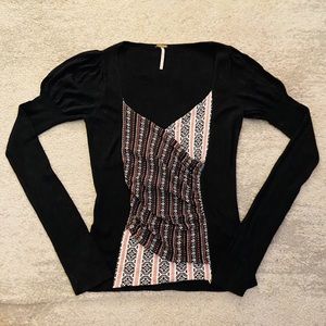 Free People Black Tribal Print Puff Sleeve Sweater